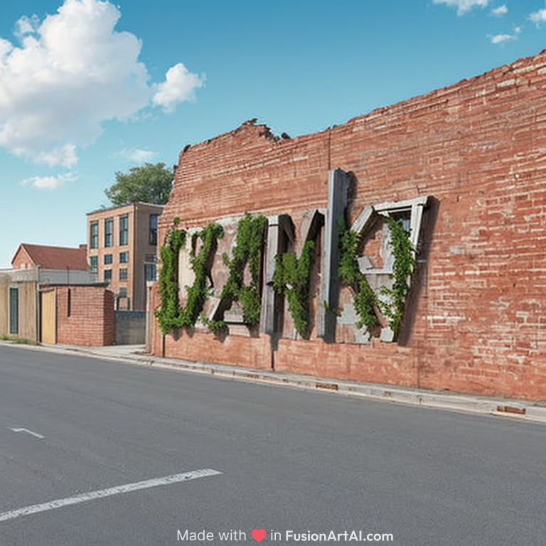 Concrete wall with faded paint, large white building partially visible behind the wall with unfinished red brickwork, water tank on the rooftop, electrical poles with overhead wires crossing the sky, small brick structure with a black metal door on the left, old white car partially visible with rubble and bricks piled on the ground, sidewalk running along the wall, advertisement painted on the right side of the wall with text and phone numbers, clear blue sky with no clouds, residential neighborhood with simple houses in the background.