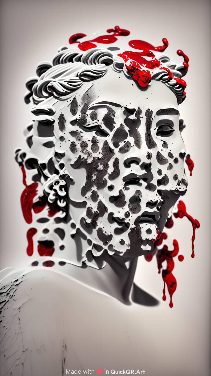 Greek statue head, style ink art dripping, wet on wet render, hyper detailded, 8k, HD, monochrome black and white, grafitty red.
