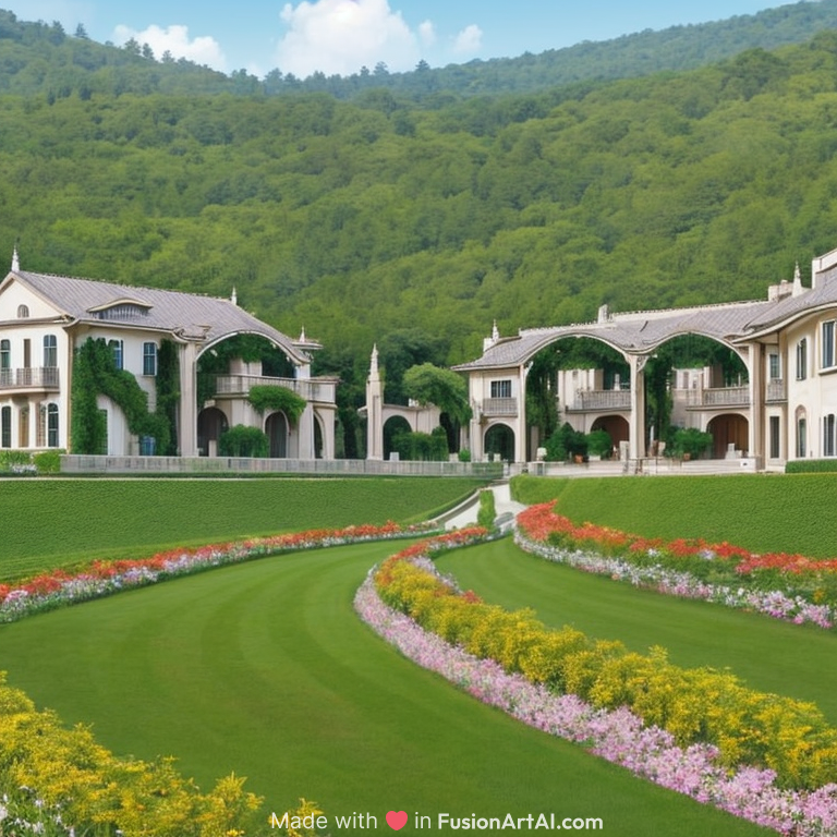This image shows an elegant, luxurious estate nestled on a hillside, surrounded by dense green trees. The grand, white buildings with grey roofs are situated on the slope, giving the impression of a serene, upscale retreat. The manicured lawn at the bottom of the hill is perfectly green and well-maintained, further emphasizing the peacefulness and opulence of the scene. The abundance of greenery, coupled with the pristine architecture, creates a harmonious and tranquil atmosphere.