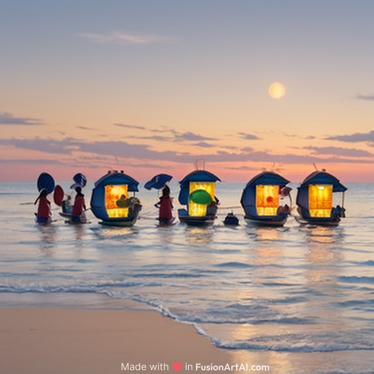 Seaside town at dusk, lantern boats setting sail, echoing serene slice-of-life anime aesthetics. 
