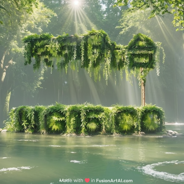 This image features a lush green forest scene with a river running through it. The trees are densely packed, and beams of sunlight filter through the canopy, illuminating parts of the scene. The sunlight creates a glowing effect on the greenery, giving the impression of life and vitality. The image also has words made of grass and plants—likely "GROW"—appearing in the center of the scene, adding a natural, organic touch. The overall mood of the image is peaceful, serene, and rich with nature.