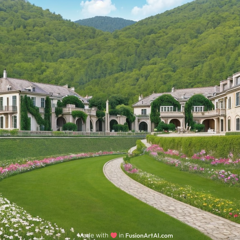This image shows an elegant, luxurious estate nestled on a hillside, surrounded by dense green trees. The grand, white buildings with grey roofs are situated on the slope, giving the impression of a serene, upscale retreat. The manicured lawn at the bottom of the hill is perfectly green and well-maintained, further emphasizing the peacefulness and opulence of the scene. The abundance of greenery, coupled with the pristine architecture, creates a harmonious and tranquil atmosphere.