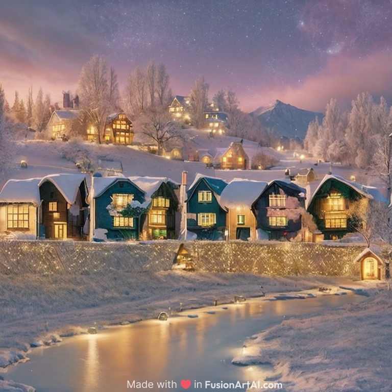 A quaint, modern village twinkling with fairy lights, bathed in the surreal colors of twilight, emphasized through long-exposure photography for a magical touch, in the style of photographer Kilian Schönberger.
