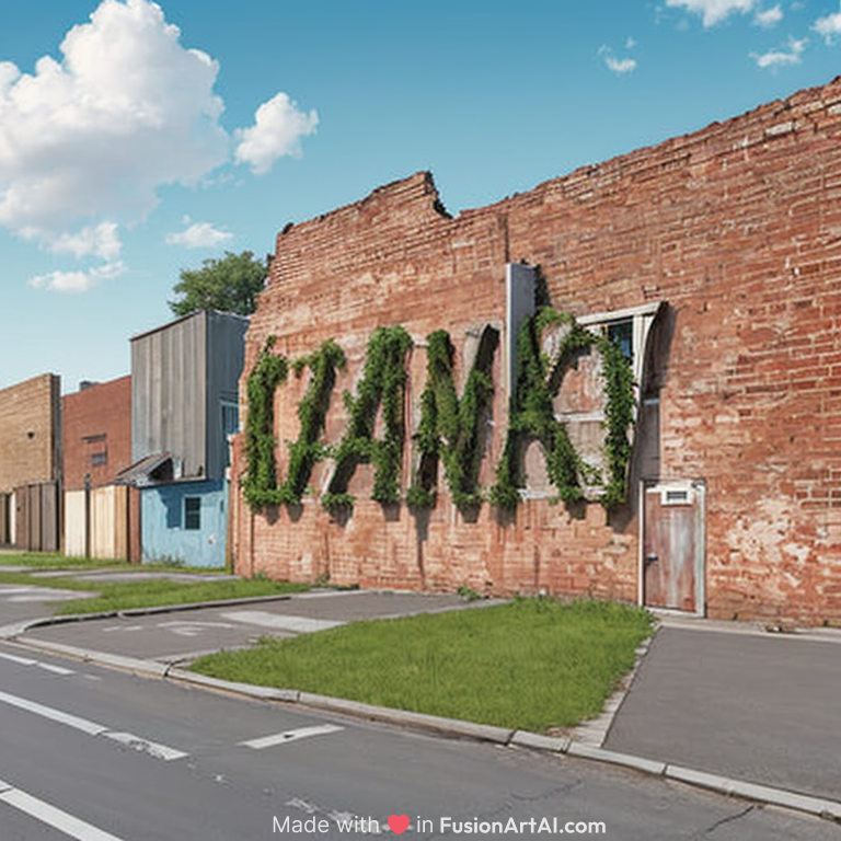 Concrete wall with faded paint, large white building partially visible behind the wall with unfinished red brickwork, water tank on the rooftop, electrical poles with overhead wires crossing the sky, small brick structure with a black metal door on the left, old white car partially visible with rubble and bricks piled on the ground, patch of green grass in the foreground, sidewalk running along the wall, advertisement painted on the right side of the wall with text and phone numbers, clear blue sky with no clouds, residential neighborhood with simple houses in the background.
