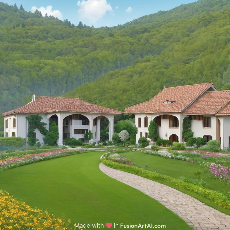 This image shows an elegant, luxurious estate nestled on a hillside, surrounded by dense green trees. The grand, white buildings with grey roofs are situated on the slope, giving the impression of a serene, upscale retreat. The manicured lawn at the bottom of the hill is perfectly green and well-maintained, further emphasizing the peacefulness and opulence of the scene. The abundance of greenery, coupled with the pristine architecture, creates a harmonious and tranquil atmosphere.